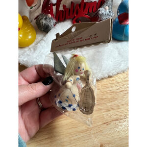 Vintage Santa’s World Wooden Angel Christmas Ornament Holiday Blue White NEW